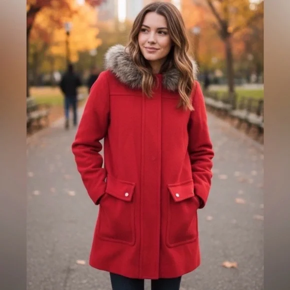 J. Crew cottagecore wool blend Red hoodie Pea Coat with Fur Hood size 10 - Picture 2 of 9